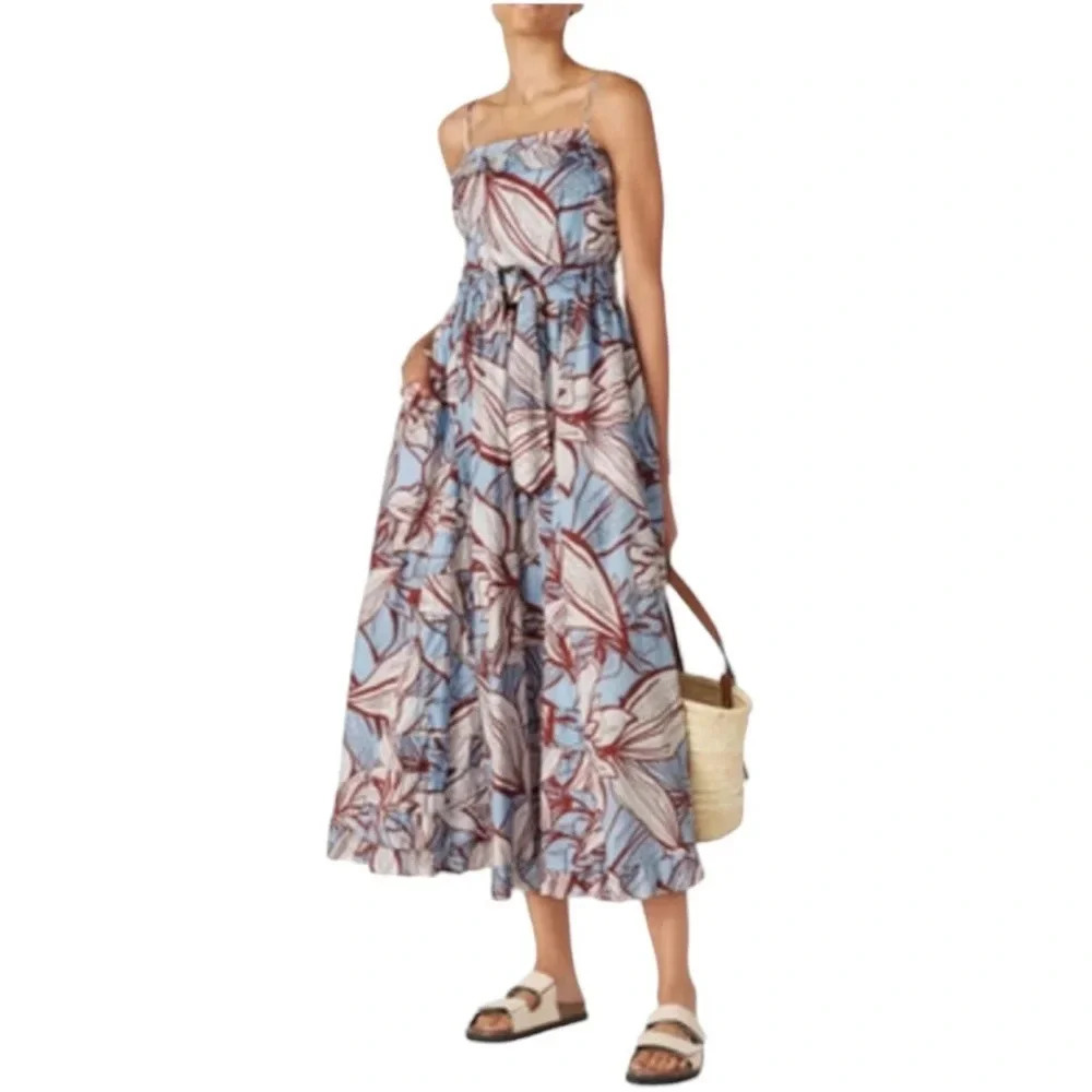NICHOLAS Julie Cotton Floral Midi Dress Ruffle Detail and Pockets Blue Size 6 - Picture 4 of 14